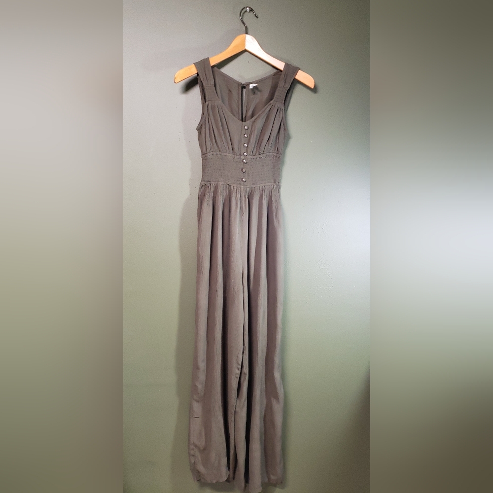 Mudd Brown Gauze Sleeveless Wide Leg Jumpsuit With Smocked Waist